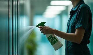 Profissional aplicando produto ecológico em ambiente fechado.